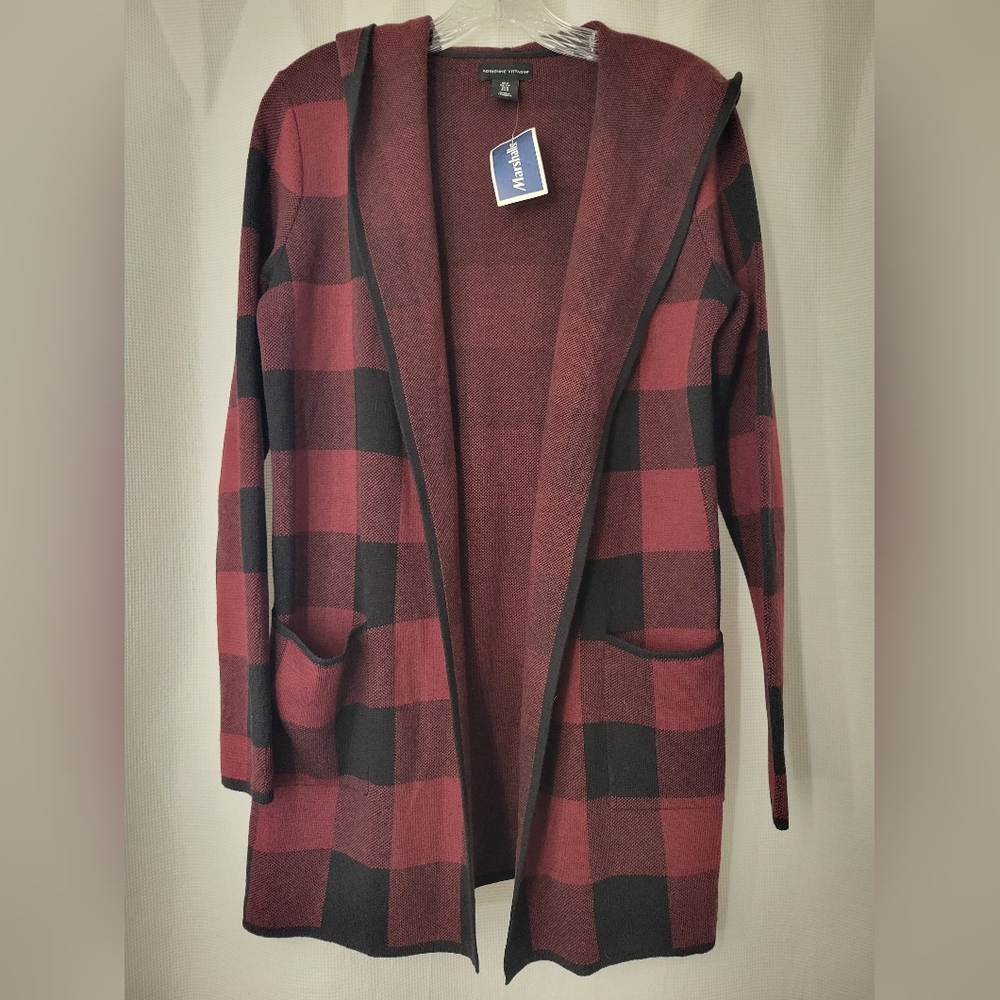 Adrienne Vittadini small marroon/black checkered cardigan